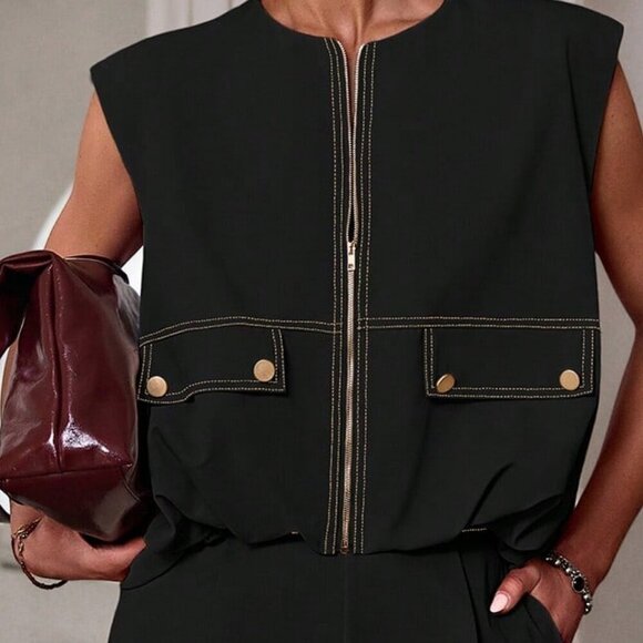 Black Casual Women's Zipper Sleeveless Top &  Long Pants coord set - Picture 6 of 8